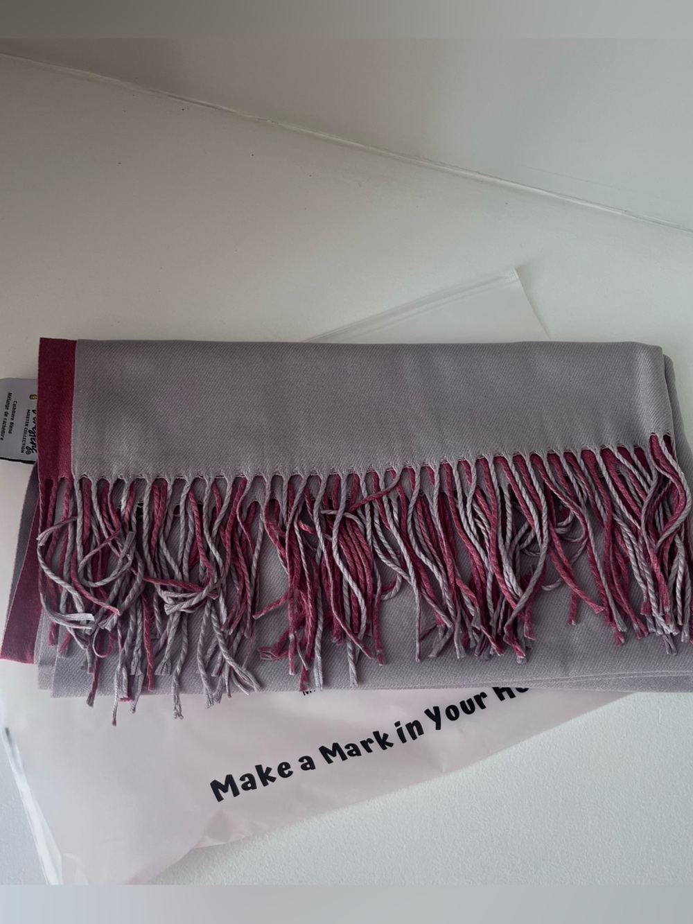 Light Gray and Berry Cashmere Blend Fringe Scarf
